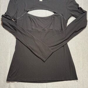 Boston Proper Black Long-Sleeve Cutout Top with Stud Accents